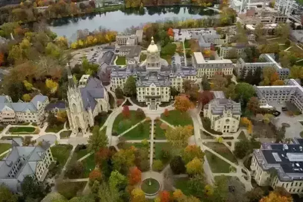 An aerial view of the Golden Dome on the campus of Notre Dame.